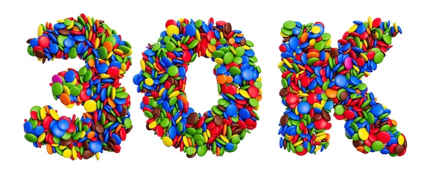 30k Me gusta los caramelos multicolores del arco iris 30000 Festivo aislado en la ilustración 3d de fondo blanco