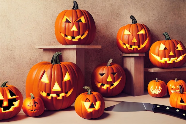 31. Oktober Halloween-Tagesaugen von Jack O' Lanterns 3D-Rendering. Rasterdarstellung.