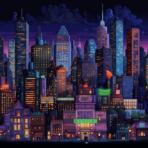 32 Pixel Art New York City at Night Generative AI