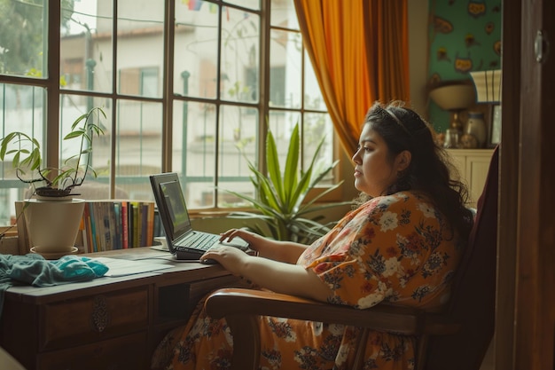 35-jährige Mix-Rennläuferin mit übergroßer Größe, selbstbewusste mexikanische Frau in Freizeitkleidung, die von zu Hause aus mit einem Laptop arbeitet.
