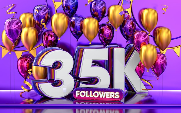 35k-Follower-Feier danke Social-Media-Banner mit lila und goldenem Ballon 3D-Rendering