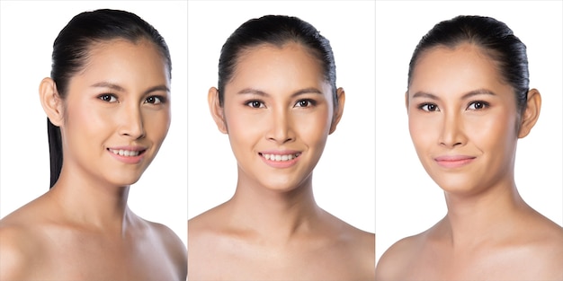 360 Collage Portrait von 20s Asian Young Woman Transgender hat schöne glatte Haut und saubere Aufhellung. Mädchen dreht viele Winkelgesichter und drückt Emotionen aus. Studio weißer Hintergrund isolierte Gruppe