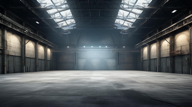 Foto 360-grad-panoramablick auf eine große dunkle industriehalle mit weißer, leerer plakatwand, 3d-renderdarstellung