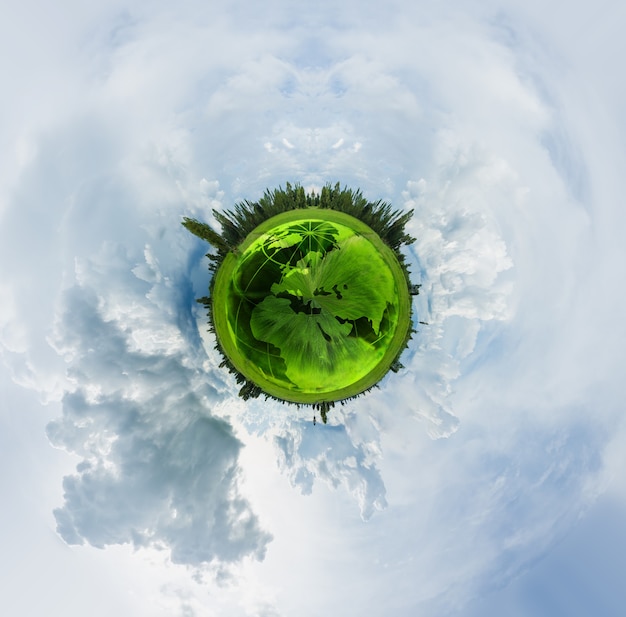 360 grados del globo verde con csky y nube.
