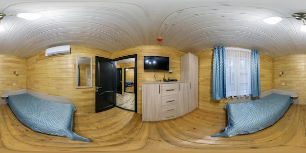 360 hdri-Panorama im Inneren eines Holz-Eco-Schlafzimmers in einer Herberge oder einem Bauernhaus im rustikalen Stil in einer rechteckigen Projektion mit Zenith- und Nadir-VR-AR-Inhalten