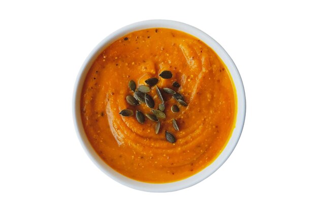 3997 Plato blanco con sopa de calabaza aislada sobre un fondo transparente