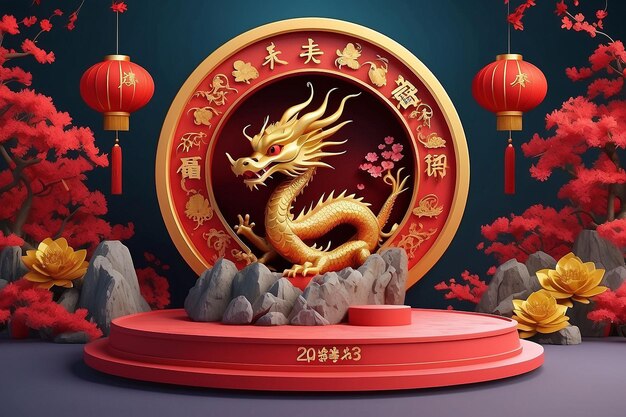 3a etapa do pódio para o feliz ano novo chinês de 2024 Signo do Zodíaco do Dragão