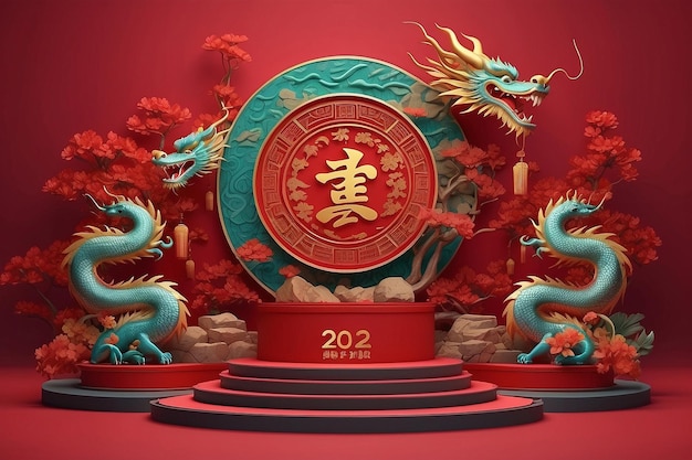 3a etapa do pódio para o feliz ano novo chinês de 2024 Signo do Zodíaco do Dragão