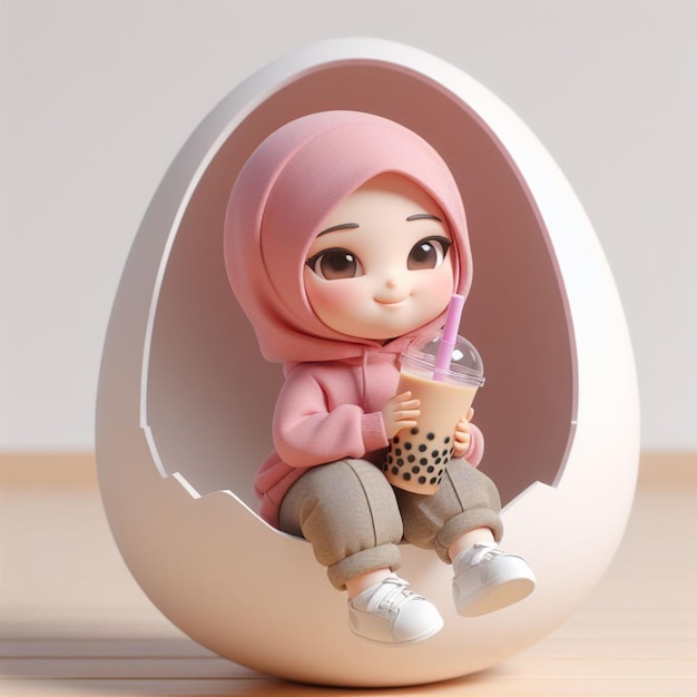 3D 2 anos hijab menina vestindo um capuz rosa rosto sorridente segurando um copo boba muito grande