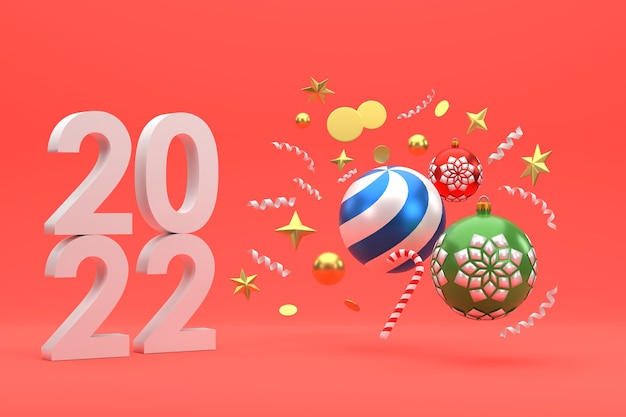 3D 2022 festliche Feiern für Weihnachten und Neujahr Party Weihnachtskugeln Bänder Geschenkboxen