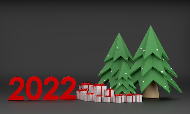 3D. 2022 Geschenkbox, Weihnachtsbaum zu Weihnachten und Neujahr auf schwarzem Hintergrund