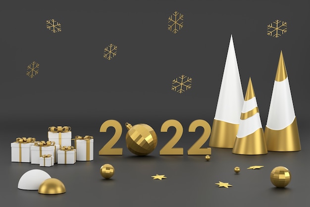 3D 2022 Golden Christmas tree e pódio para exibição de produtos no festival de Natal