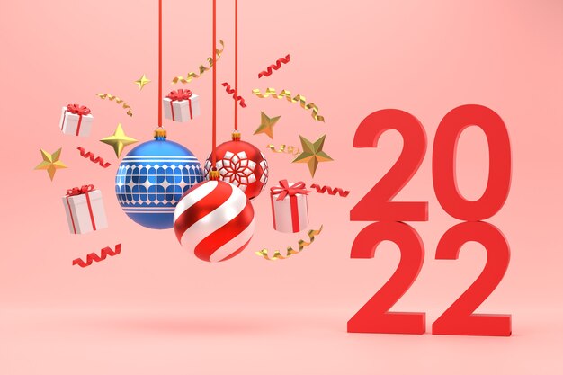 3D. 2022 Weihnachtskugeln, Geschenkboxen, Bänder, Weihnachtsschmuck. im roten Hintergrund.