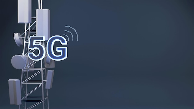 3D-5G-Netzwerk-Signalturm vor blauem Hintergrund