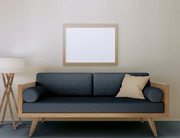 3D-Abbildung. Modell eines leeren Posterrahmens, der in einem modernen Wohnzimmer an der Wand hängt.