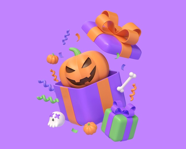 3d abóbora e caixa de presente em ilustração de estilo de desenho animado para design de banner ou cartaz para o feriado de Halloween renderização 3d