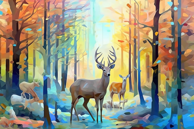 3d abstração Aquarela pintura floresta árvores pássaros e cervos ilustração de animais fundo