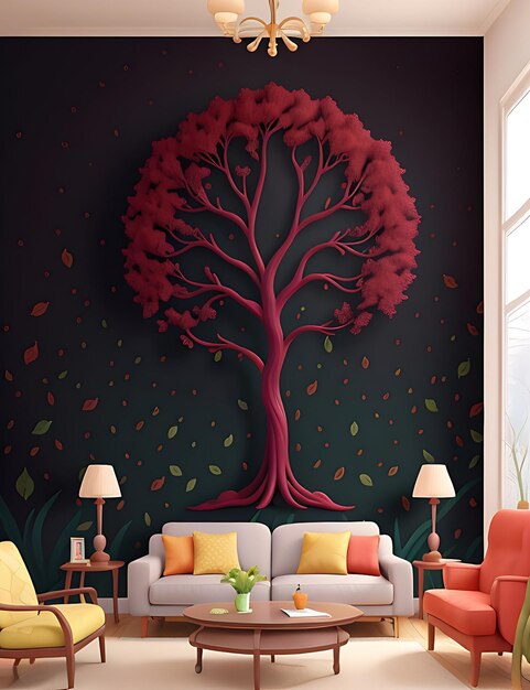 3d abstracto árbol colorido con hojas en ramas colgantes ilustración fondo generativo ai