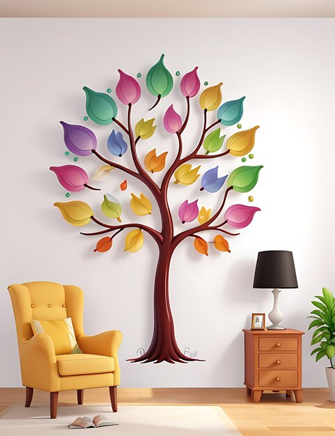 3d abstracto árbol colorido con hojas en ramas colgantes ilustración fondo generativo ai