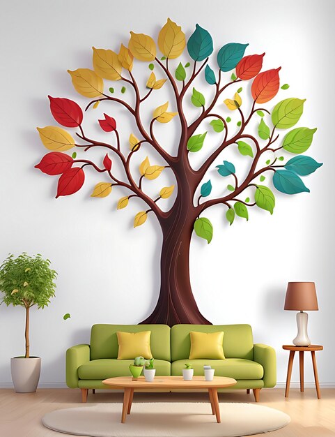3d abstracto árbol colorido con hojas en ramas colgantes ilustración fondo generativo ai