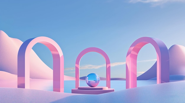 3d abstracto surrealista paisaje de fondo pastel con arcos y podio para mostrar el producto panorámico