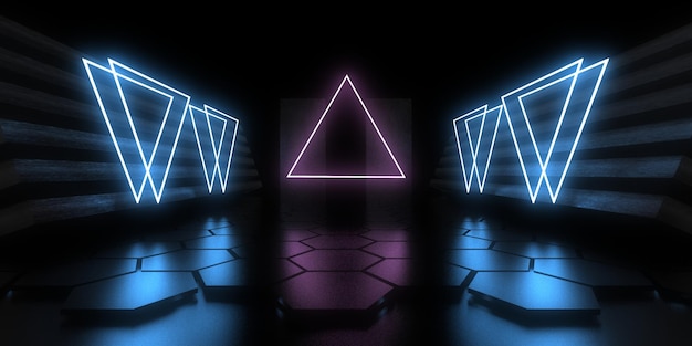3D-Abstrakt-Hintergrund mit Neonlichtern Neon-Tunnel Raumbau 3D-Illustration