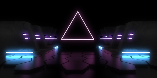 3D-Abstrakt-Hintergrund mit Neonlichtern Neon-Tunnel Raumbau 3D-Illustration