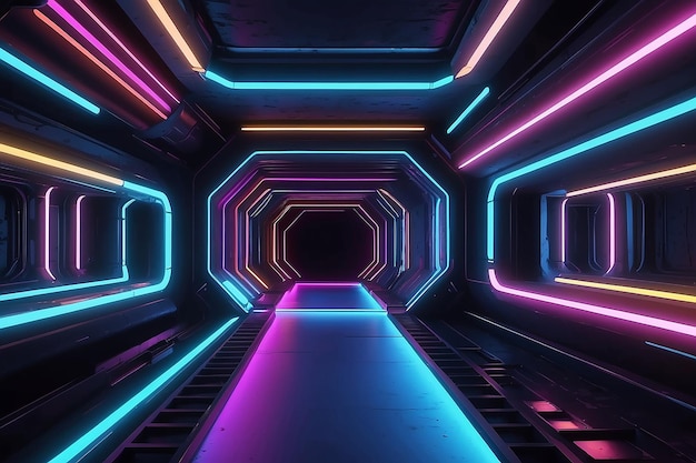 3D-Abstrakt-Hintergrund mit Neonlichtern Neon-Tunnel Raumbau 3D-Illustration