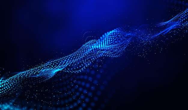 3D abstrakte digitale Technologie, blaue Lichtpartikel auf blauem Hintergrund