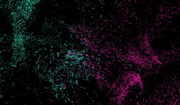 3D abstrakte digitale Technologiepartikel, Fragmentierung und Mischung von Grünrosa auf schwarzem Hintergrund