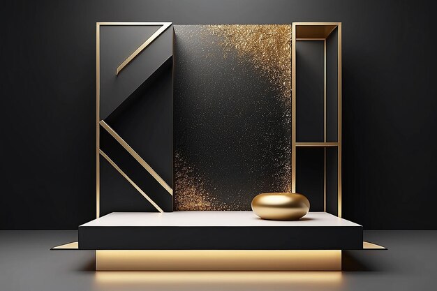 3D-abstrakte Studio-Zimmer mit Podest Podium schwarze geometrische Plattform mit goldenem Glitzer in Rechteckform Hintergrund Luxus-Szene für die Demonstration von Kosmetikprodukten Showcase Werbe-Ausstellung