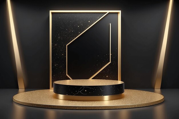 3D-abstrakte Studio-Zimmer mit Podest Podium schwarze geometrische Plattform mit goldenem Glitzer in Rechteckform Hintergrund Luxus-Szene für die Demonstration von Kosmetikprodukten Showcase Werbe-Ausstellung