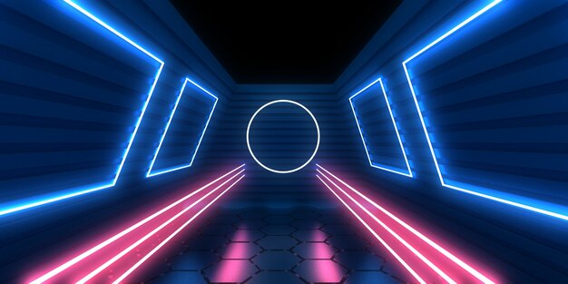 3D abstrakter Hintergrund mit Neonlichtern. Neon-Tunnel. .Raumbau . .3D-Darstellung33