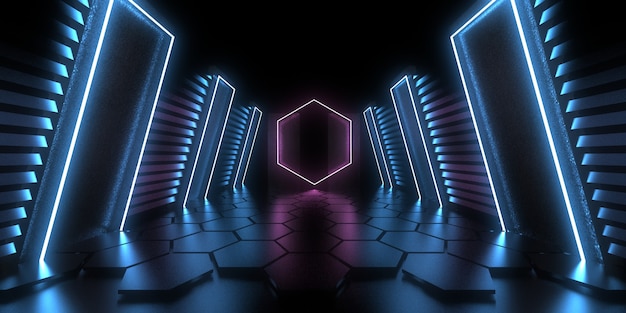 3D abstrakter Hintergrund mit Neonlichtern. Neon-Tunnel. .Raumbau . .3D-Darstellung33