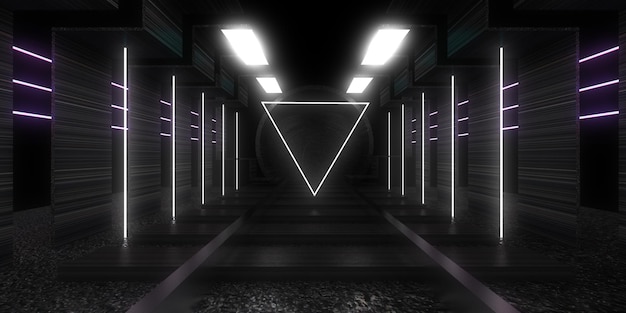 3D abstrakter Hintergrund mit Neonlichtern. Neon-Tunnel. .Raumbau . .3D-Darstellung