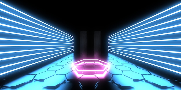 3D abstrakter Hintergrund mit Neonlichtern. Neon-Tunnel. .Raumbau . .3D-Darstellung