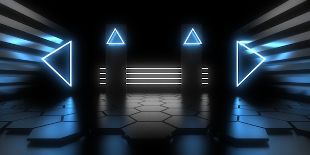 3D abstrakter Hintergrund mit Neonlichtern. Neon-Tunnel. Weltraumbau .3D-Darstellung