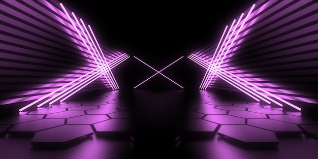 3D-abstrakter Hintergrund mit Neonlichtern Neon-Tunnelraumbau 3D-Darstellung