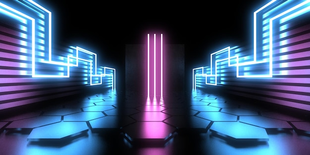 3D-abstrakter Hintergrund mit Neonlichtern Neon-Tunnelraumbau 3D-Darstellung