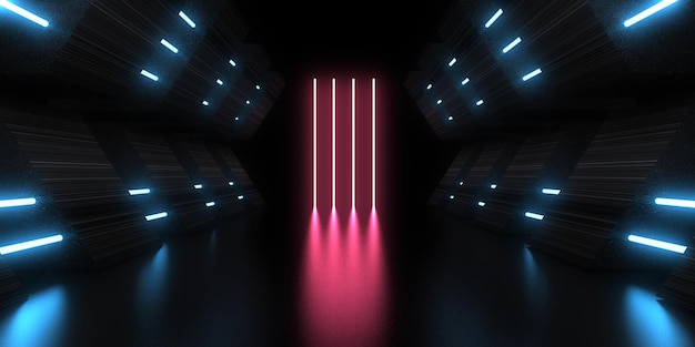 3D-abstrakter Hintergrund mit Neonlichtern Neon-Tunnelraumbau 3D-Darstellung