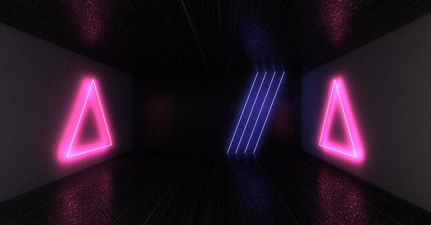 3D-abstrakter Hintergrund mit Neonlichtern Neon-Tunnelraumbau 3D-Darstellung