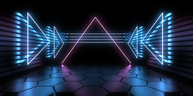 3D-abstrakter Hintergrund mit Neonlichtern Neon-Tunnelraumbau 3D-Darstellung