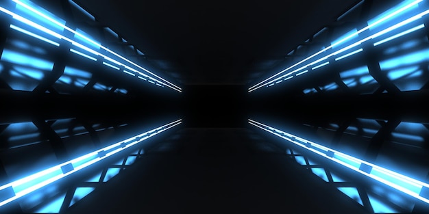 3D-abstrakter Hintergrund mit Neonlichtern Neon-Tunnelraumbau 3D-Darstellung