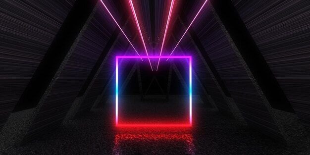 3D-abstrakter Hintergrund mit Neonlichtern Neon-Tunnelraumbau 3D-Darstellung