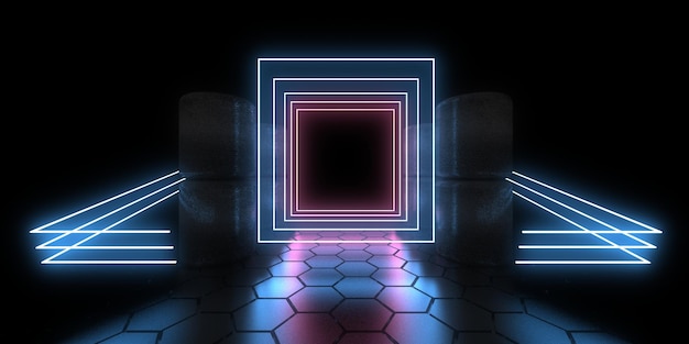 3D-abstrakter Hintergrund mit Neonlichtern Neon-Tunnelraumbau 3D-Darstellung