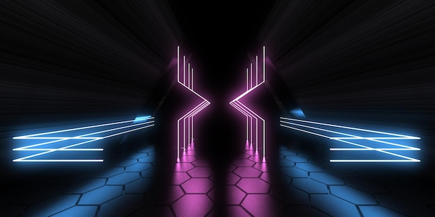 3D-abstrakter Hintergrund mit Neonlichtern Neon-Tunnelraumbau 3D-Darstellung