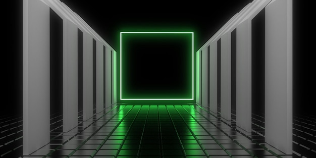 3D-abstrakter Hintergrund mit Neonlichtern Neon-Tunnelraumbau 3D-Darstellung