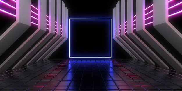 3D-abstrakter Hintergrund mit Neonlichtern Neon-Tunnelraumbau 3D-Darstellung