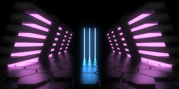 3D-abstrakter Hintergrund mit Neonlichtern Neon-Tunnelraumbau 3D-Darstellung