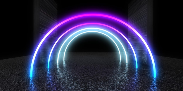 3D-abstrakter Hintergrund mit Neonlichtern Neon-Tunnelraumbau 3D-Darstellung